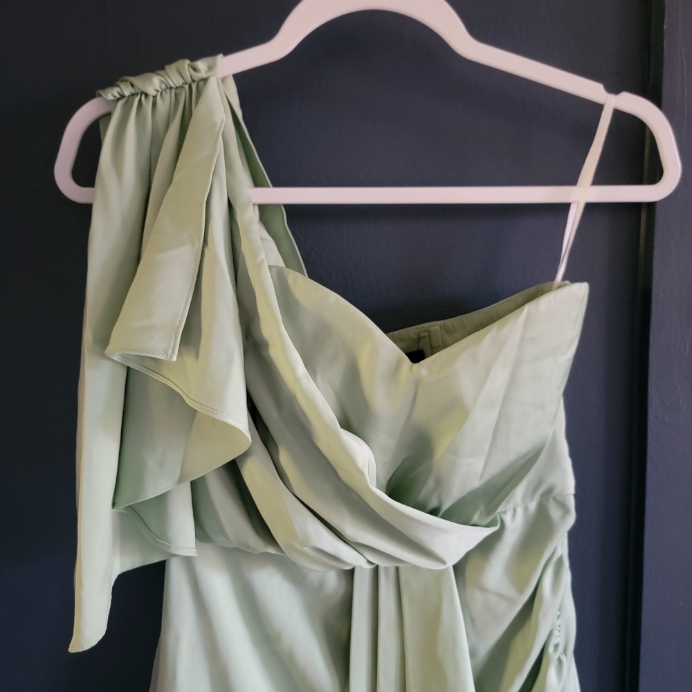 NBD Veroni Mini Dress Mint Green Satin Asymmetrical‎ Hem Drape One Shoulder XXS - Picture 3 of 8